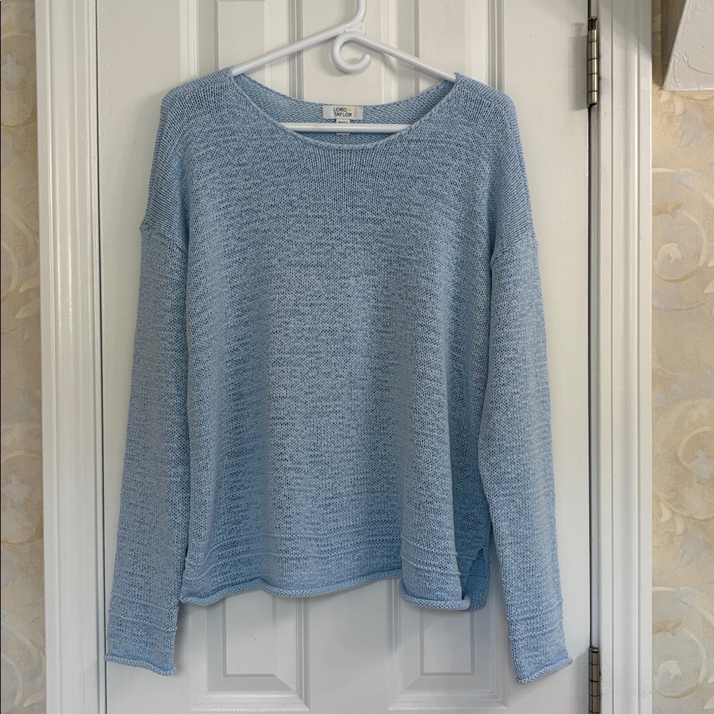 Lord & Taylor Sky Blue Open Weave Knit Sweater with Rolled Edge Details. EUC